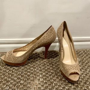Tan/Nude Enzo Suede Peep Toe Pump. Size: 12